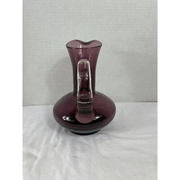 Vase Pitcher Amethyst Hand Blown Glass Pontil Purple Clear Handle 7.5" Tall MCM - Picture 16 of 16